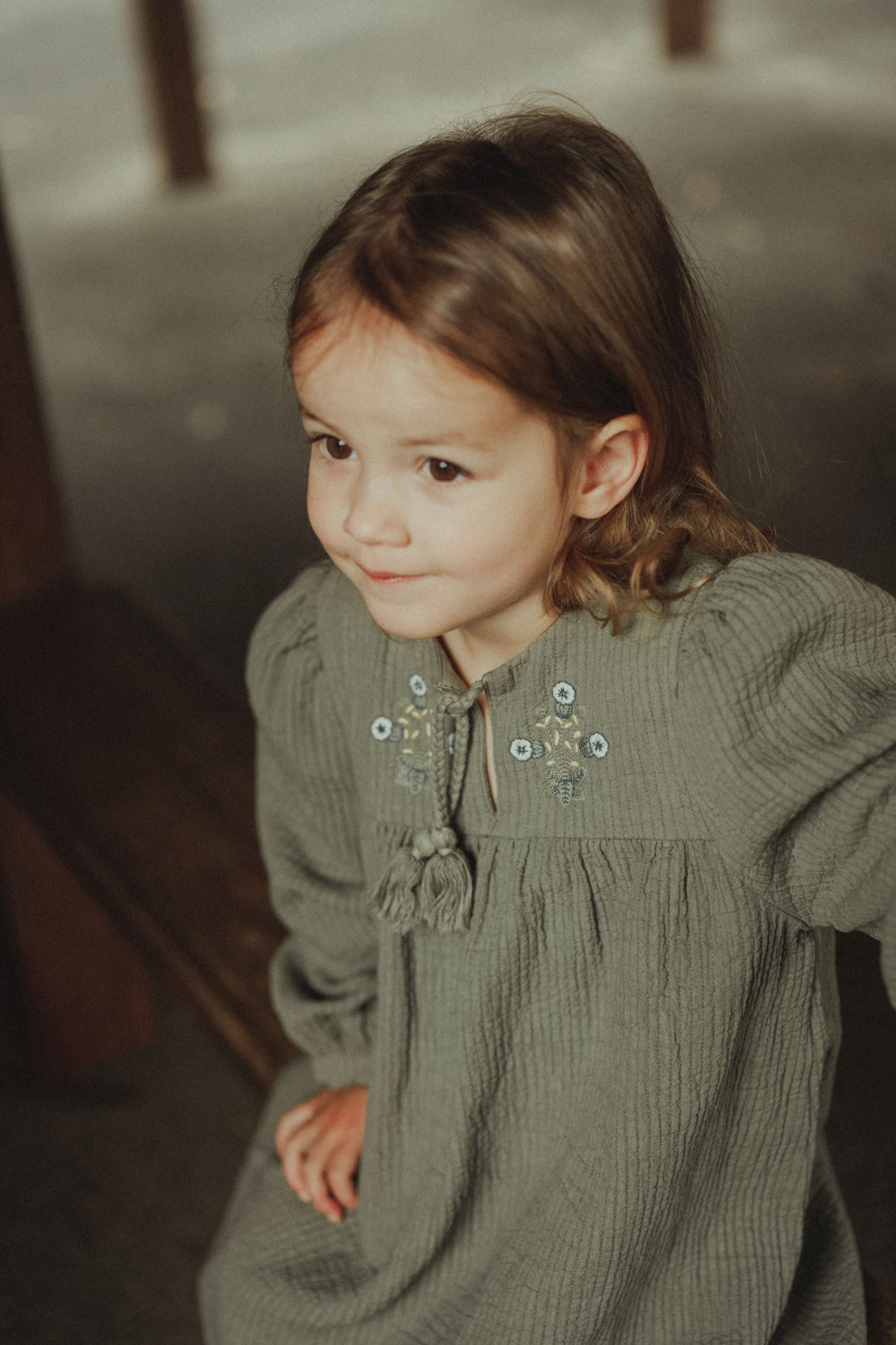 Long Sleeve Embroidered Dress - Olive Green WirraWirra Kids Long Sleeve Embroidered Dress - Olive Green WirraWirra Kids