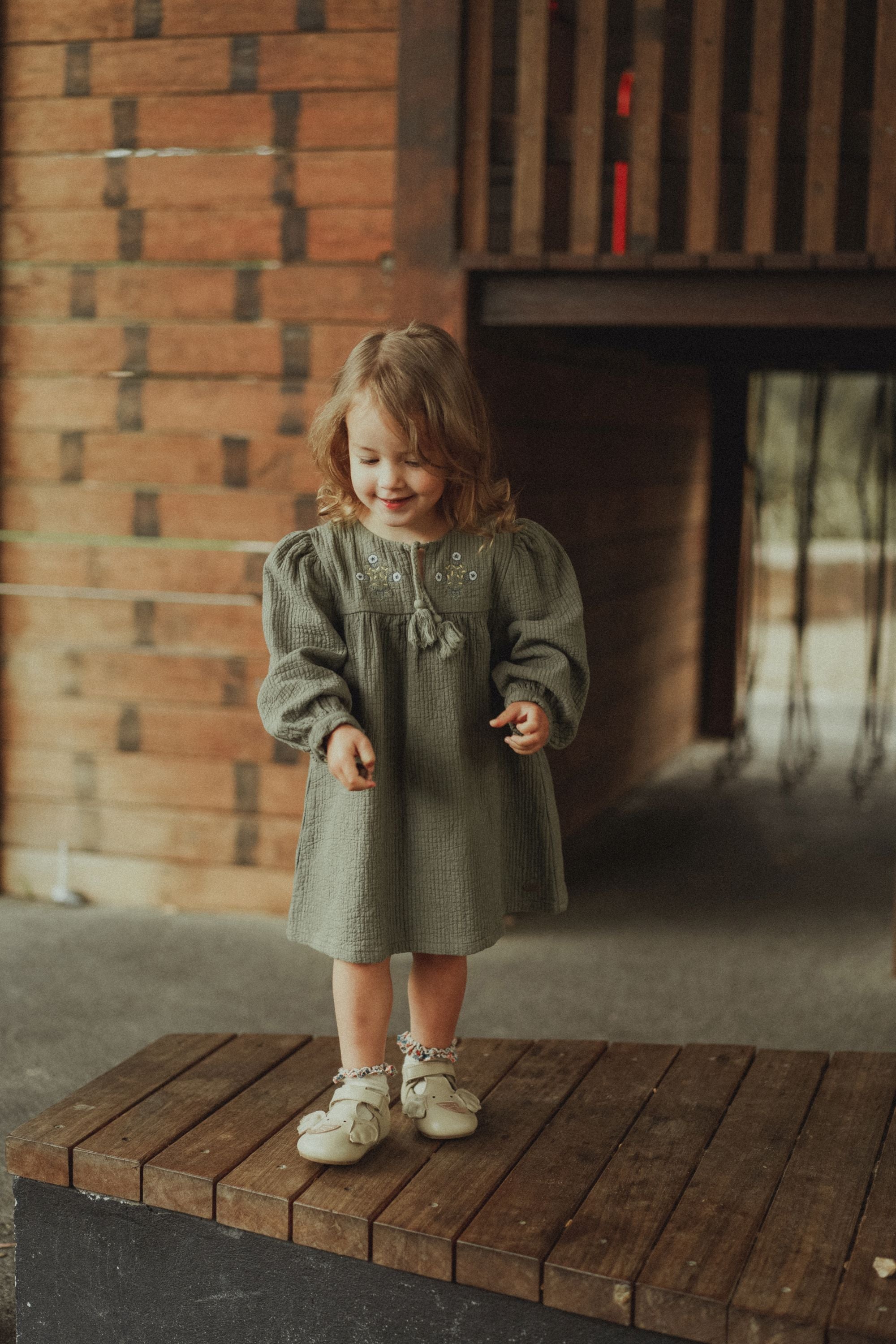 Long Sleeve Embroidered Dress - Olive Green WirraWirra Kids Long Sleeve Embroidered Dress - Olive Green WirraWirra Kids