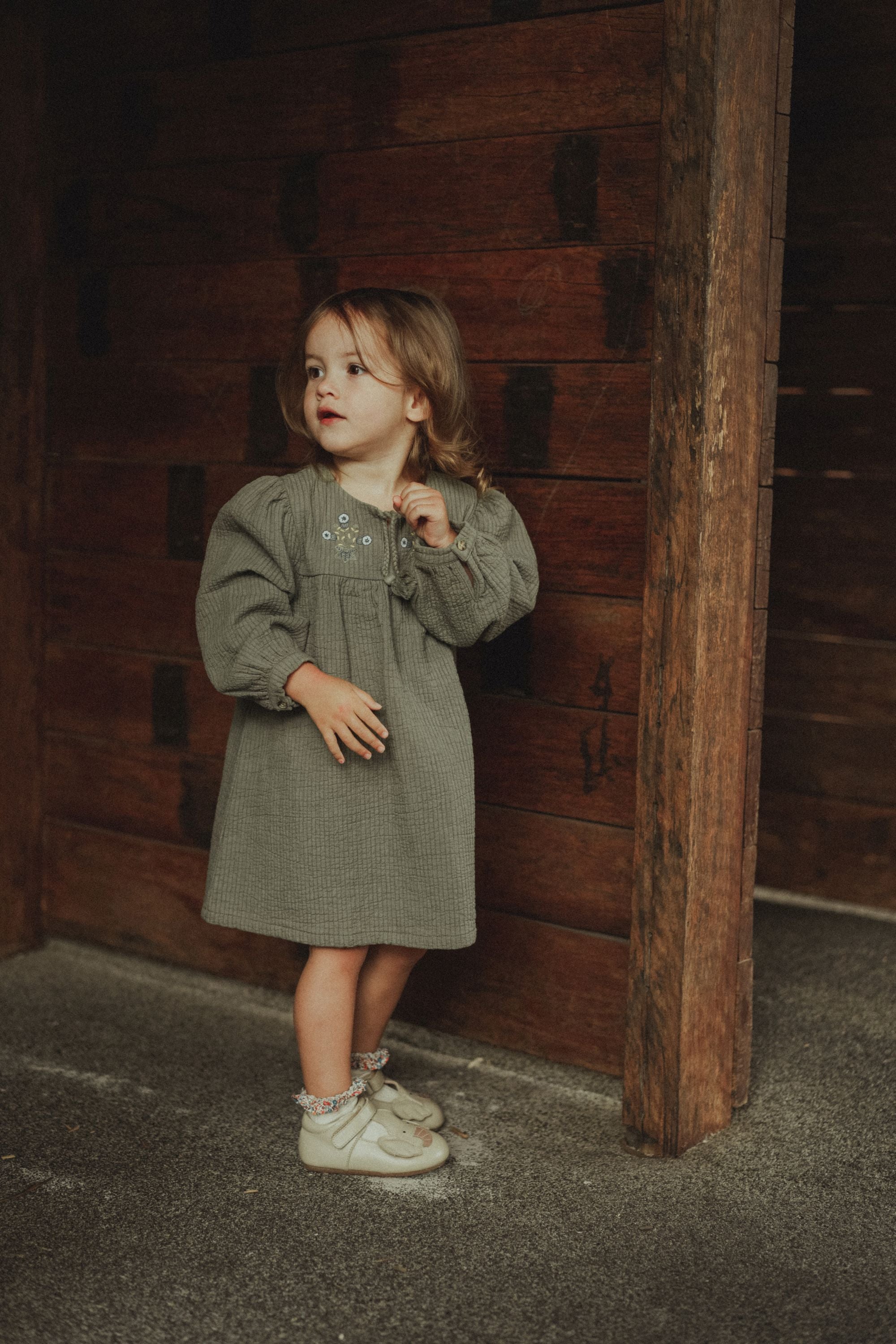 Long Sleeve Embroidered Dress - Olive Green WirraWirra Kids Long Sleeve Embroidered Dress - Olive Green WirraWirra Kids