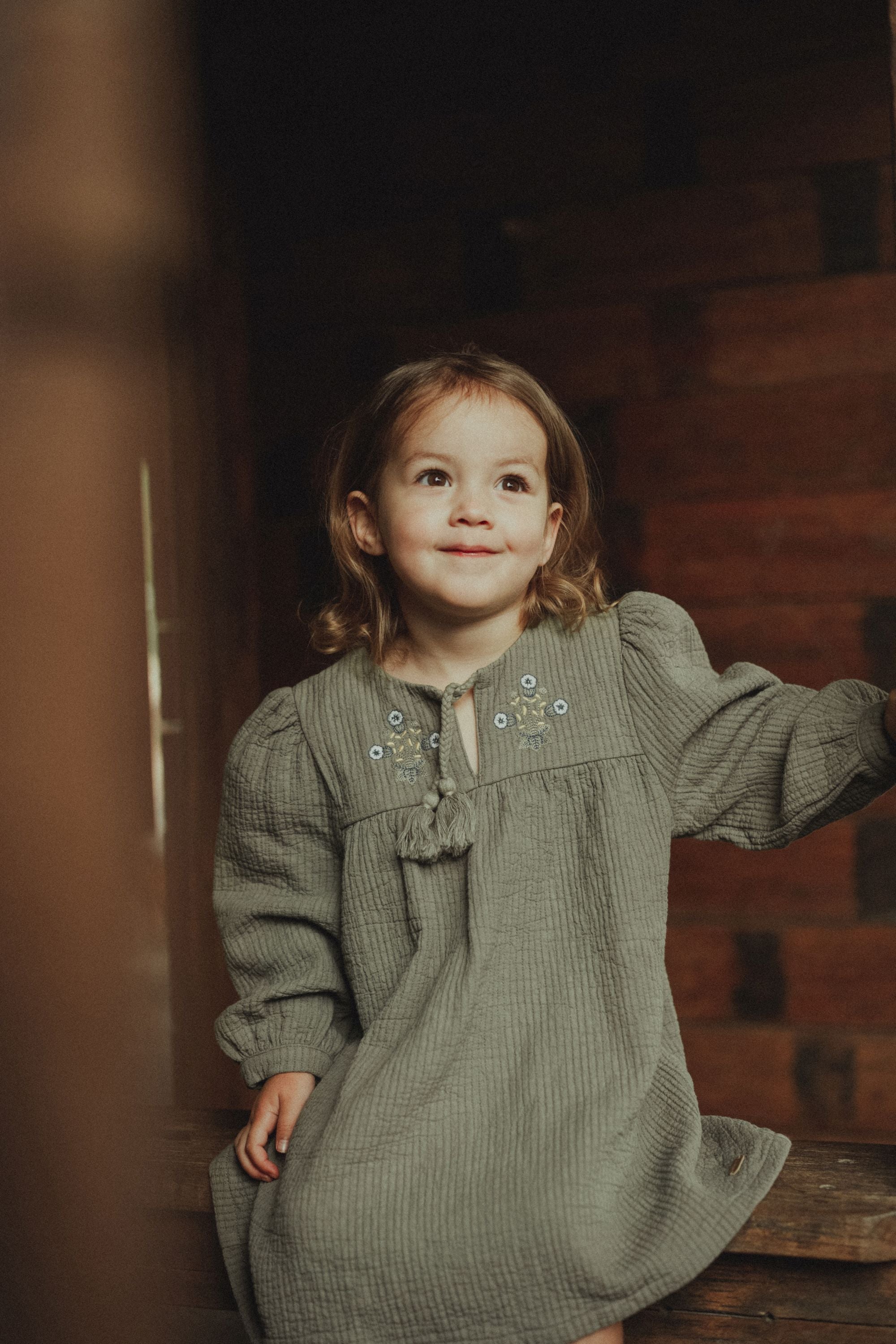 Long Sleeve Embroidered Dress - Olive Green WirraWirra Kids Long Sleeve Embroidered Dress - Olive Green WirraWirra Kids