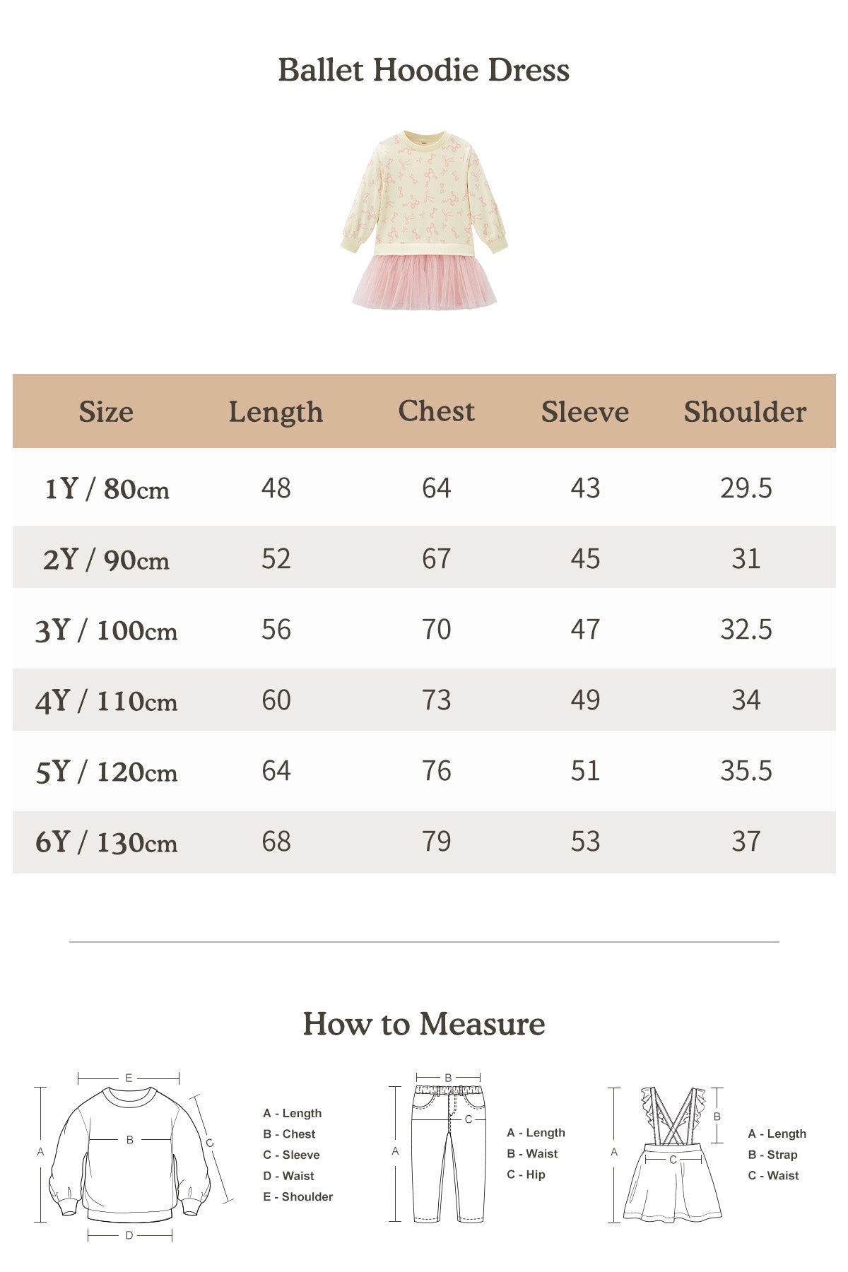 Ballet Hoodie Dress Peach - Size Chart