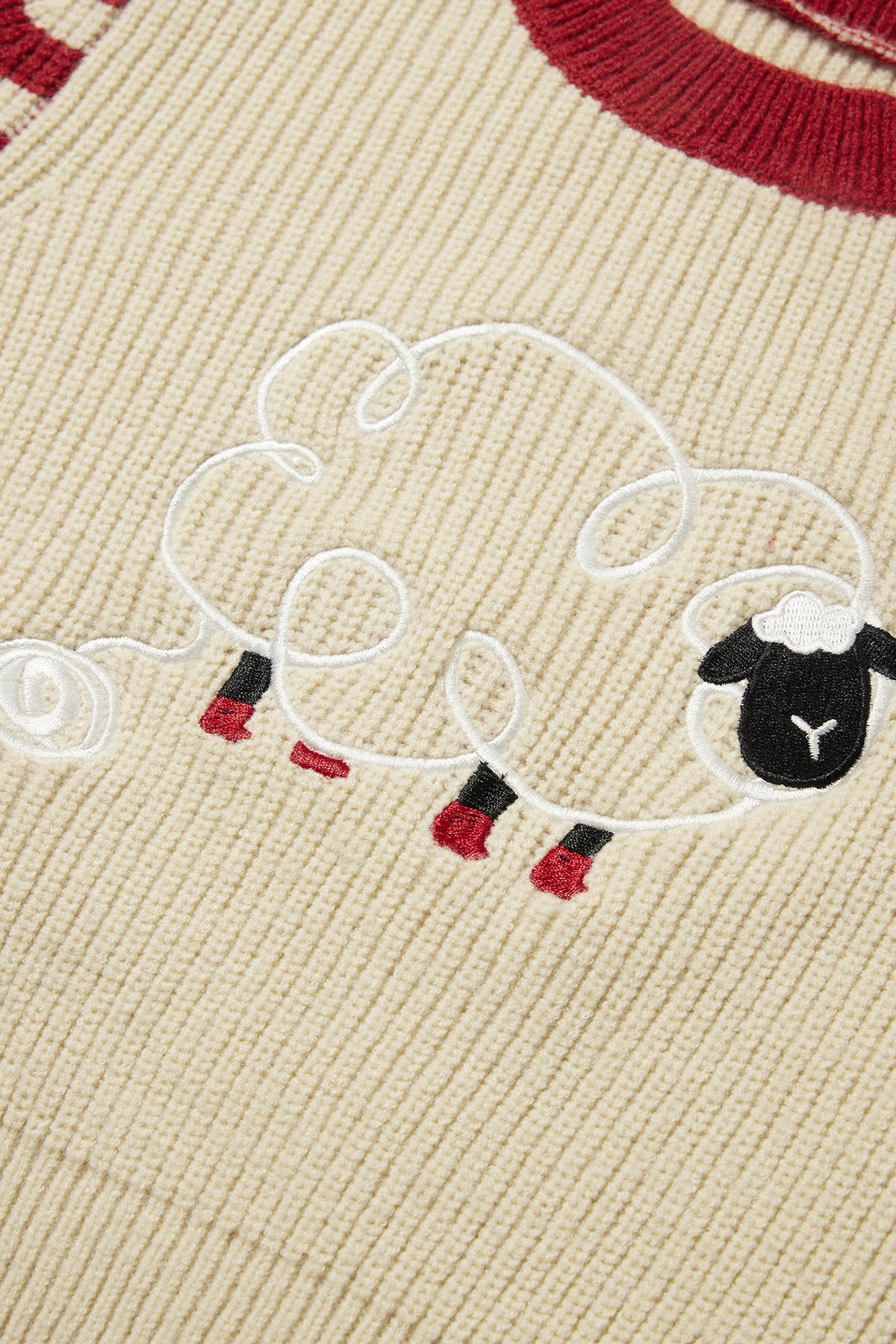 Sheep-Embroidered Stripe Sweater Holiday Red - Detail