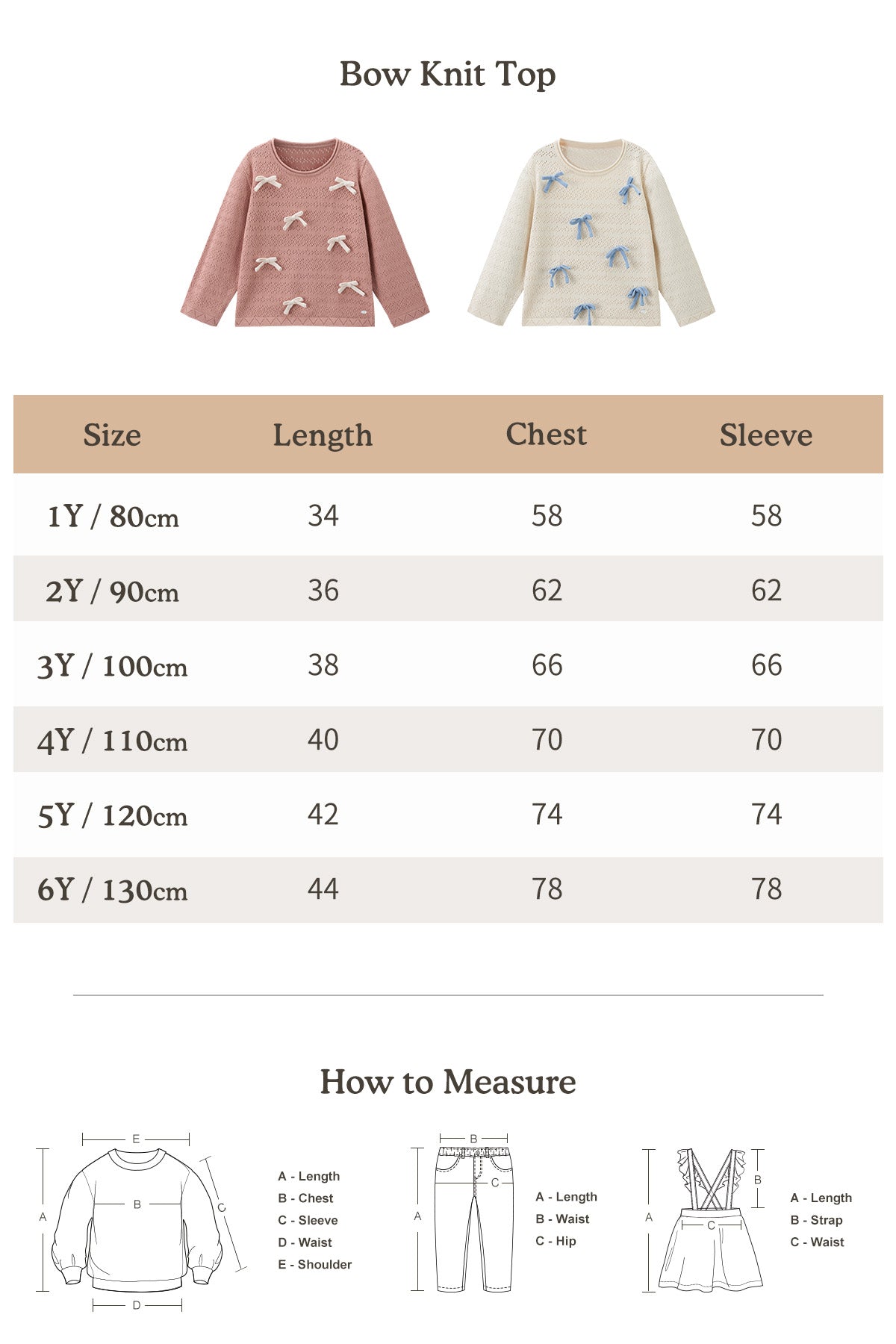 Bow Knit Top Rose Pink - Size Chart