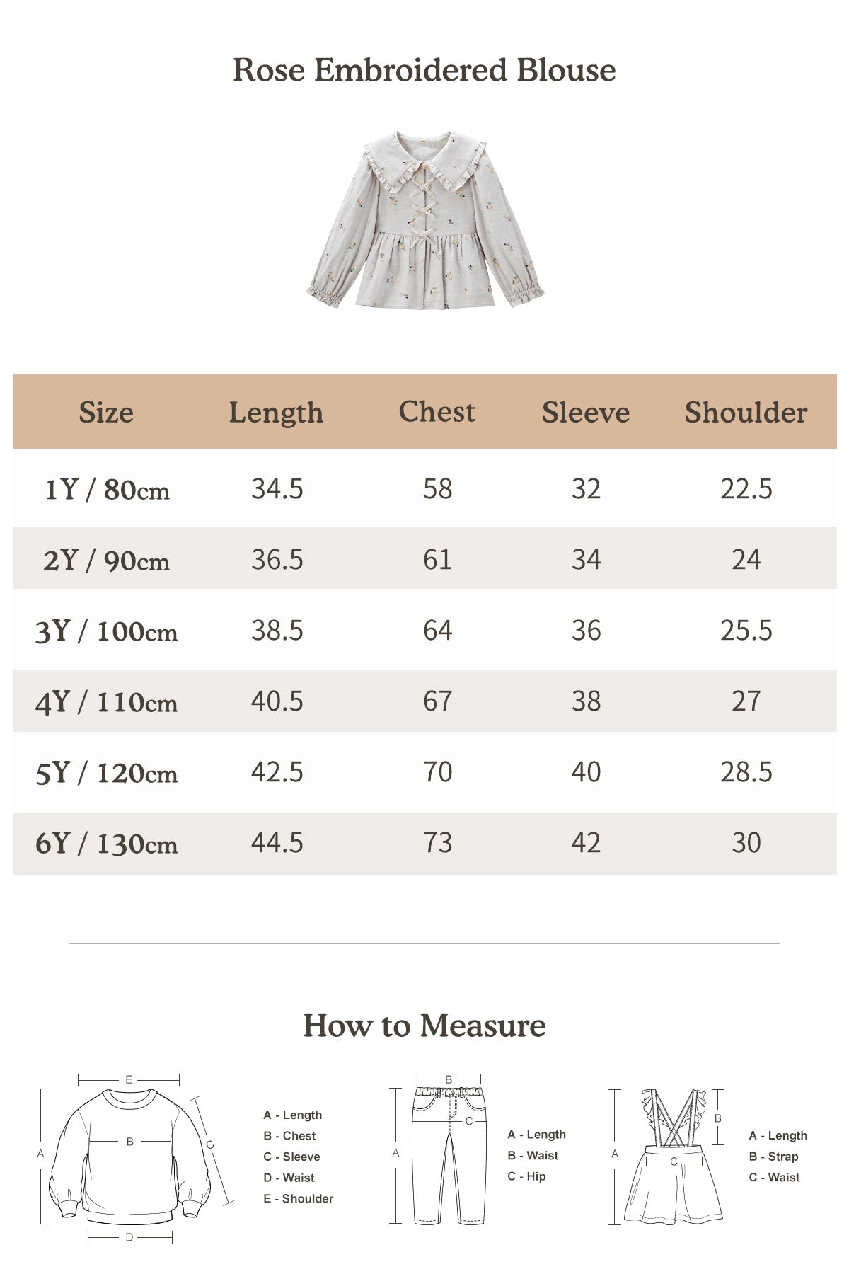 Rose Embroidered Blouse Mist Gray - Size Chart
