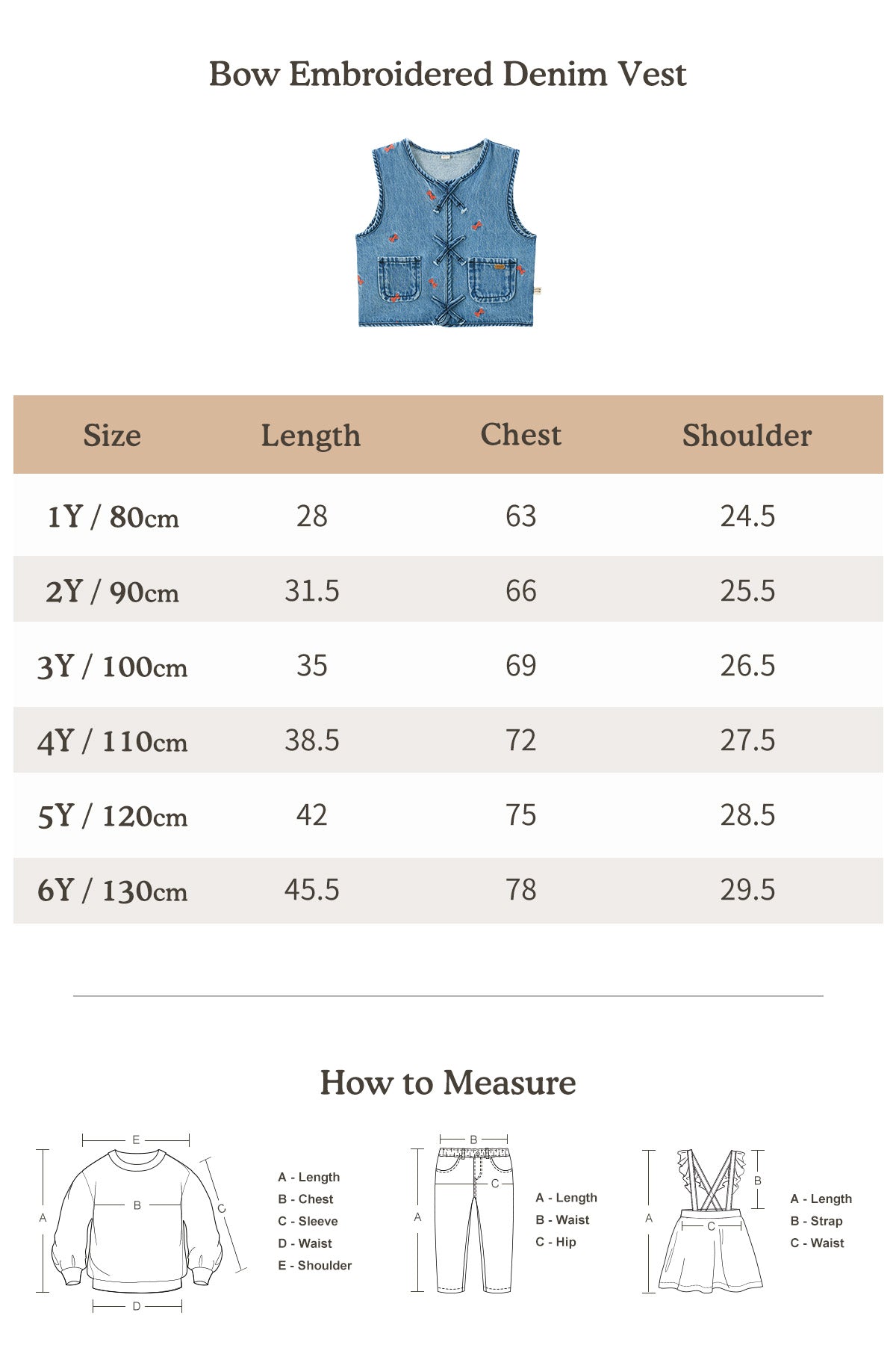 Bow Embroidered Denim Vest Denim - Size Chart
