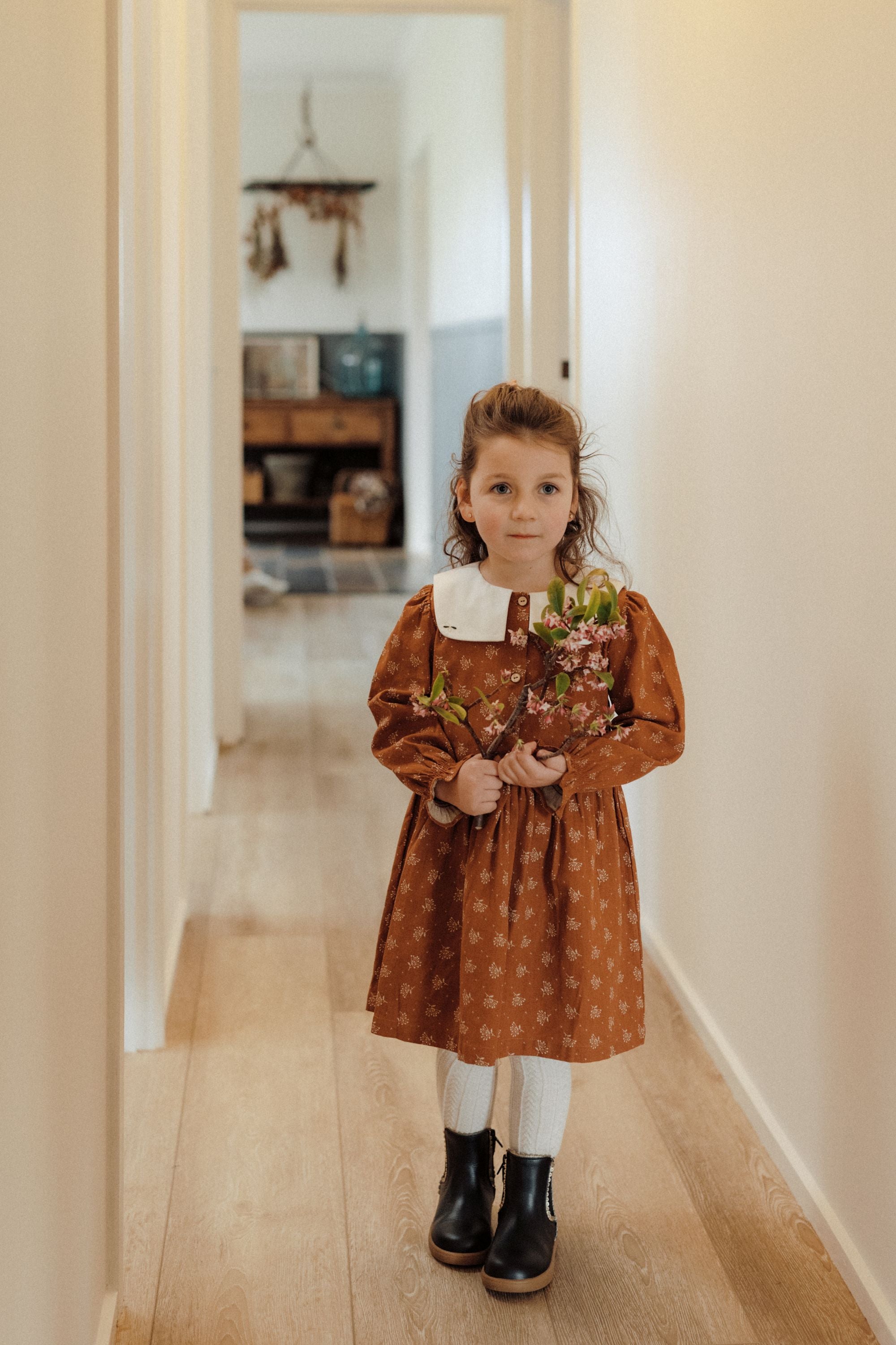 brown floral toddler dress Young Girl Floral Embroidery Ruffle Trim Flounce Sleeve Cord Dress,Toddler Western Boho Flower Matching Brown Polka,Winter,Family Vacation Rust Rose