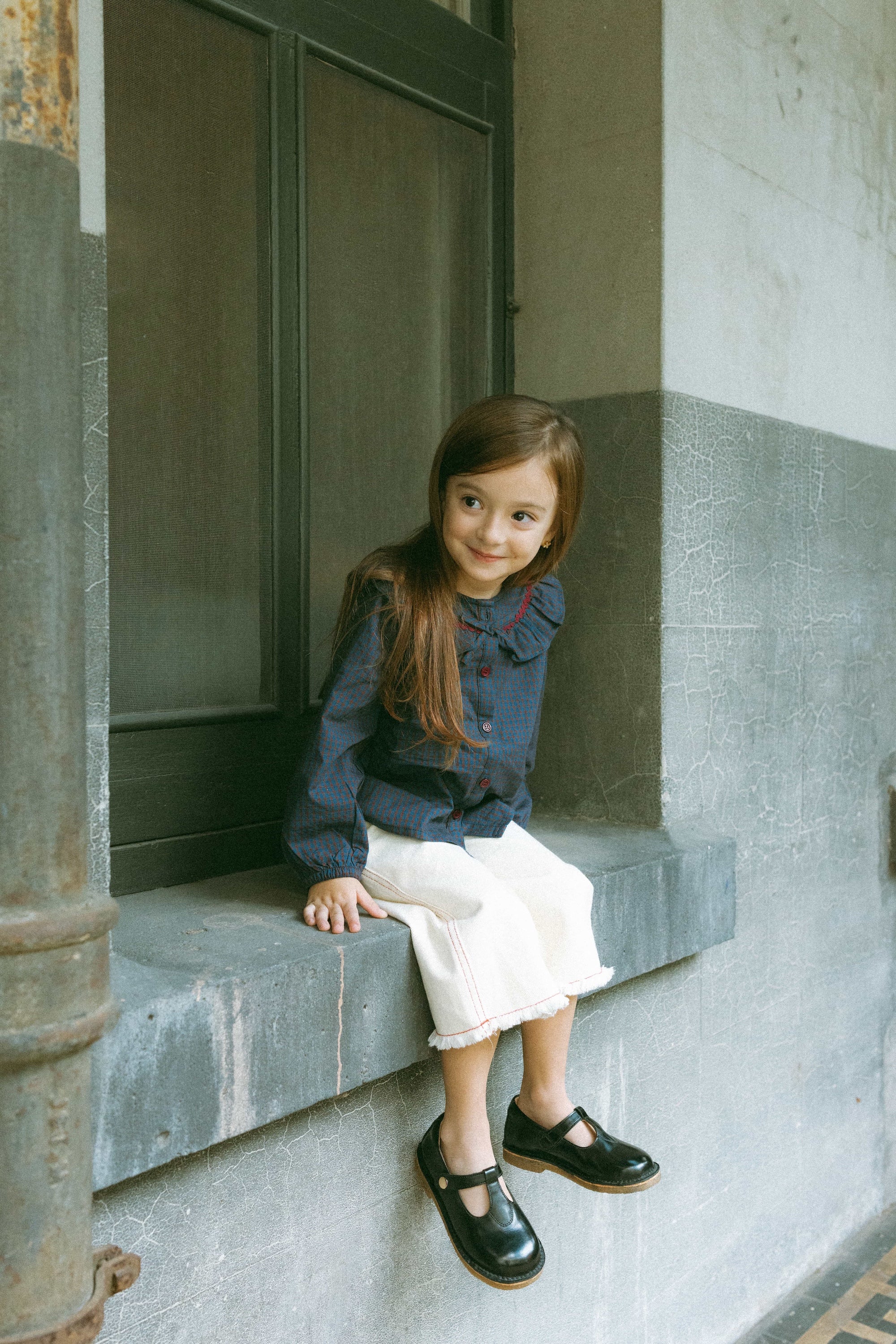 Twilight Gingham Blouse Navy - Model