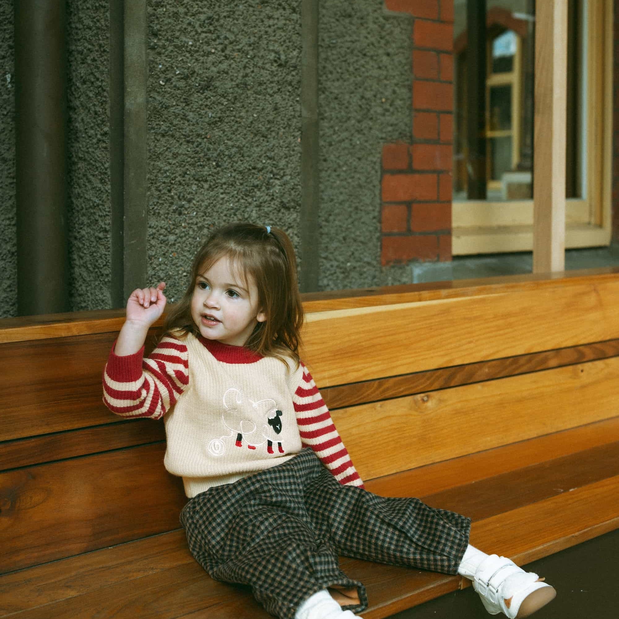 Sheep-Embroidered Stripe Sweater Holiday Red - Model