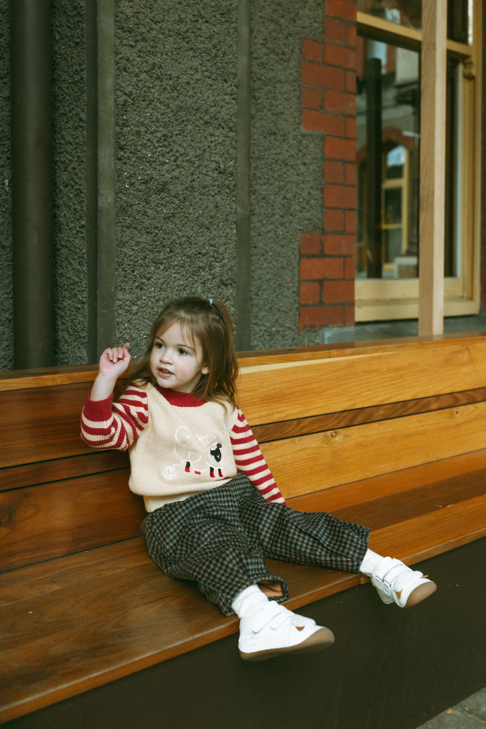 Sheep-Embroidered Stripe Sweater Holiday Red - Model