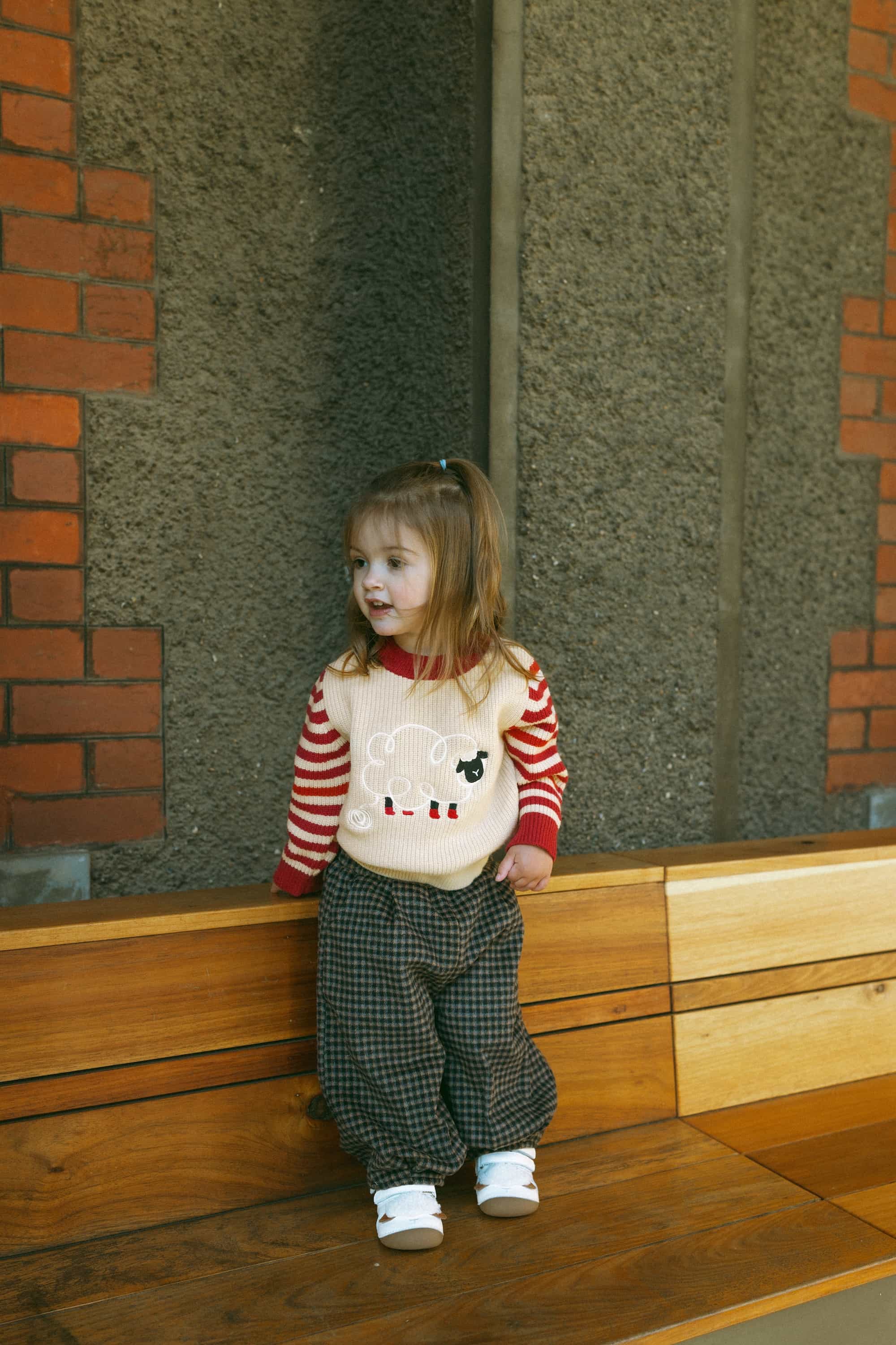 Sheep-Embroidered Stripe Sweater Holiday Red - Model