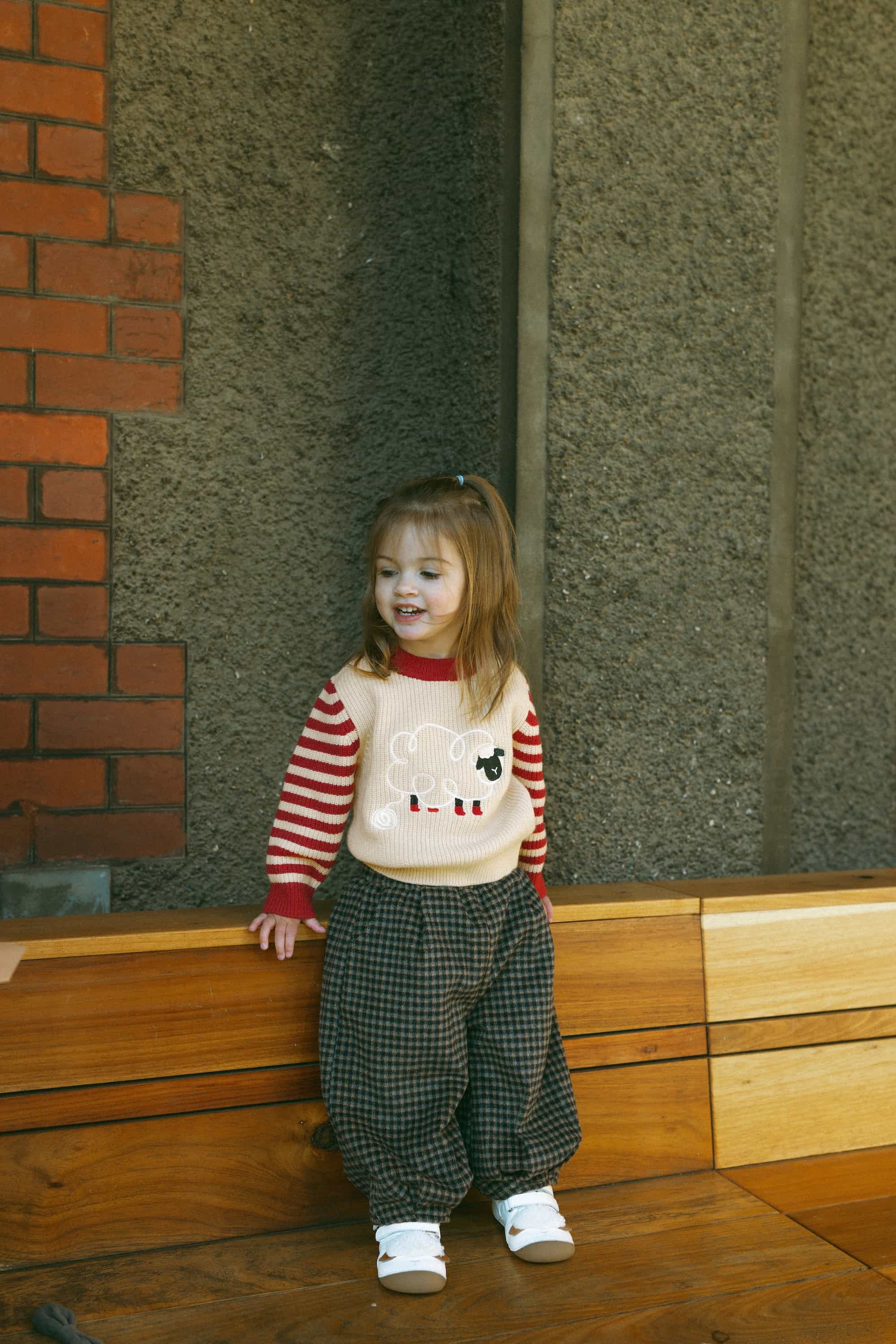 Sheep-Embroidered Stripe Sweater Holiday Red - Model