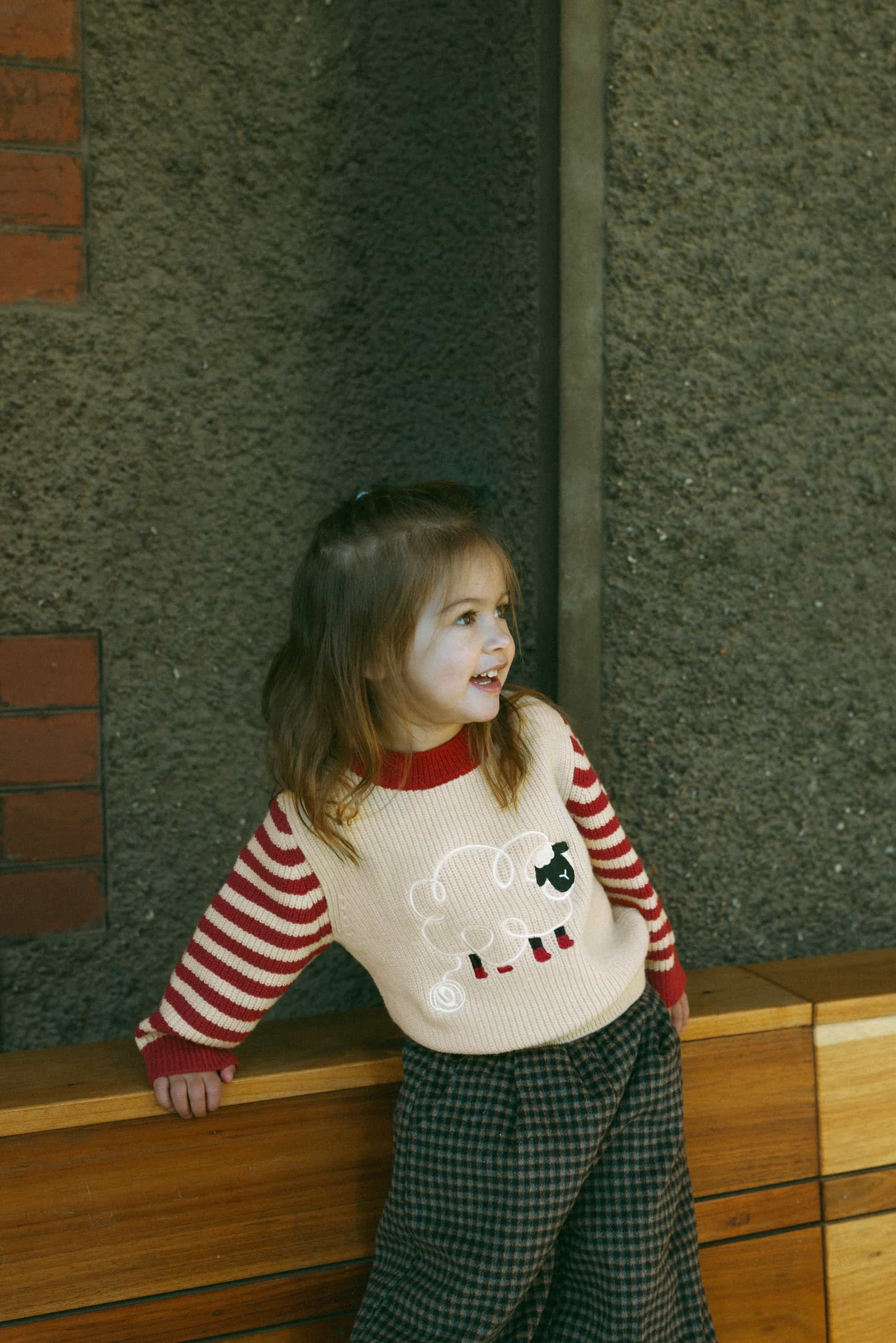 Sheep-Embroidered Stripe Sweater Holiday Red - Model