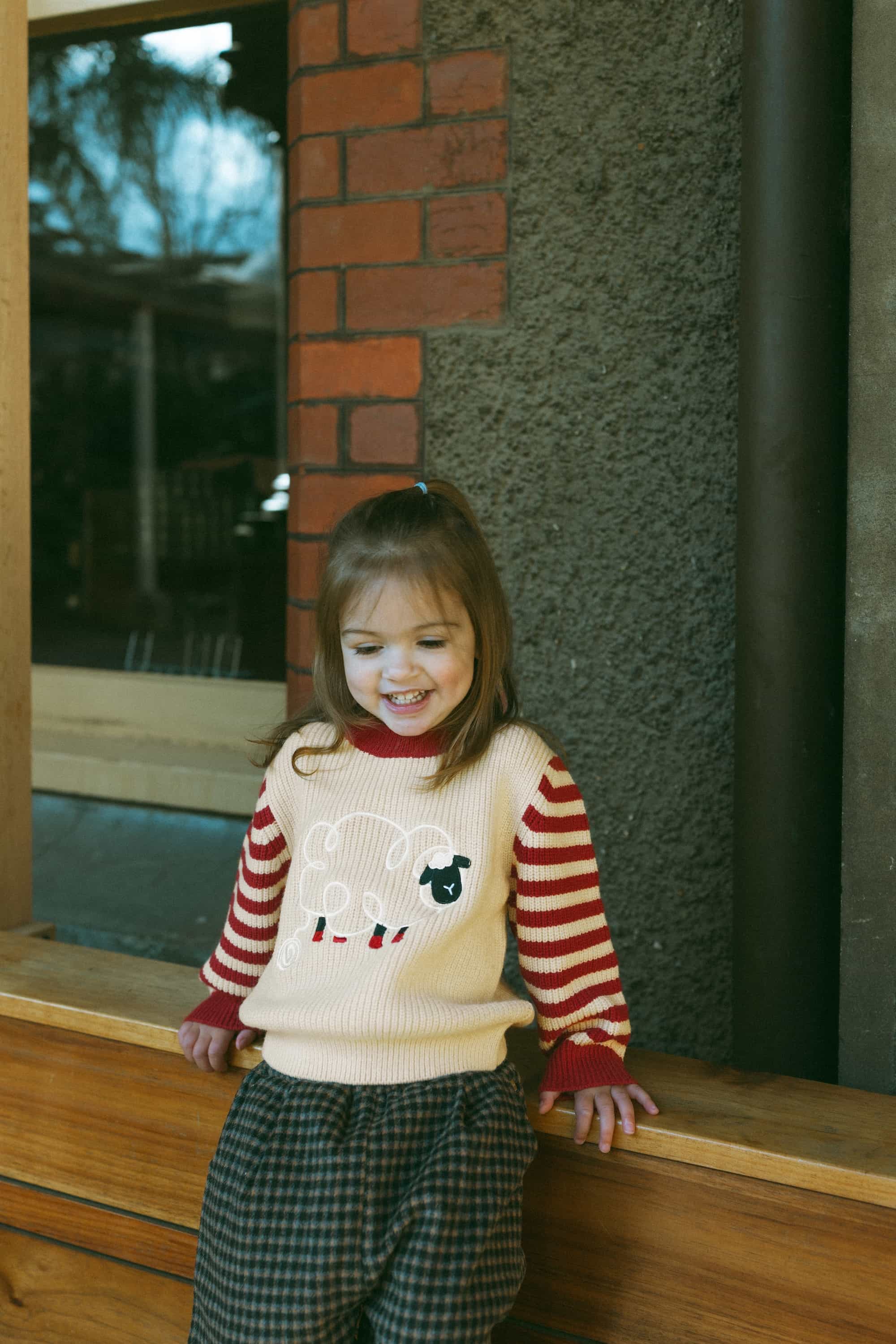 Sheep-Embroidered Stripe Sweater Holiday Red - Model