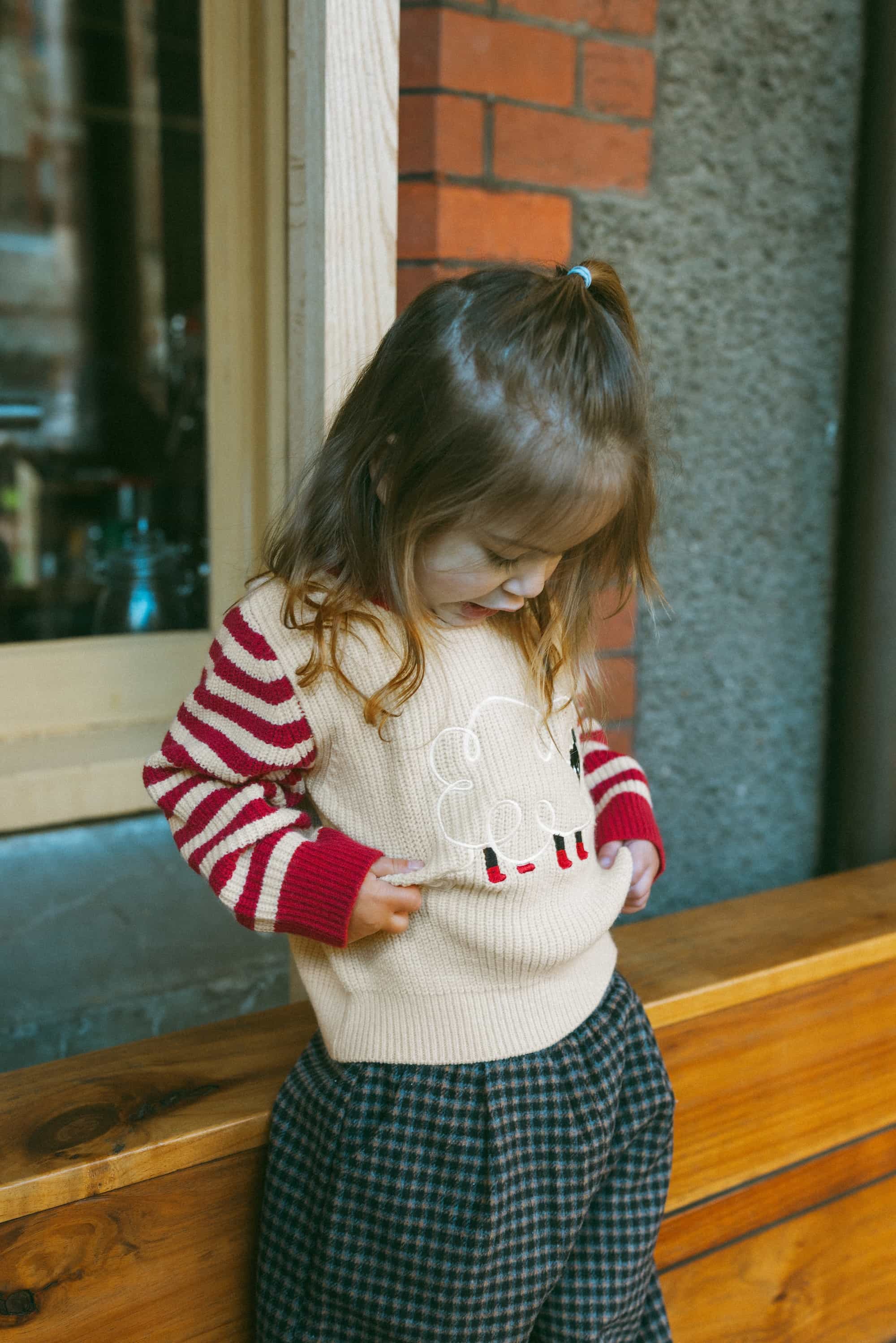 Sheep-Embroidered Stripe Sweater Holiday Red - Model