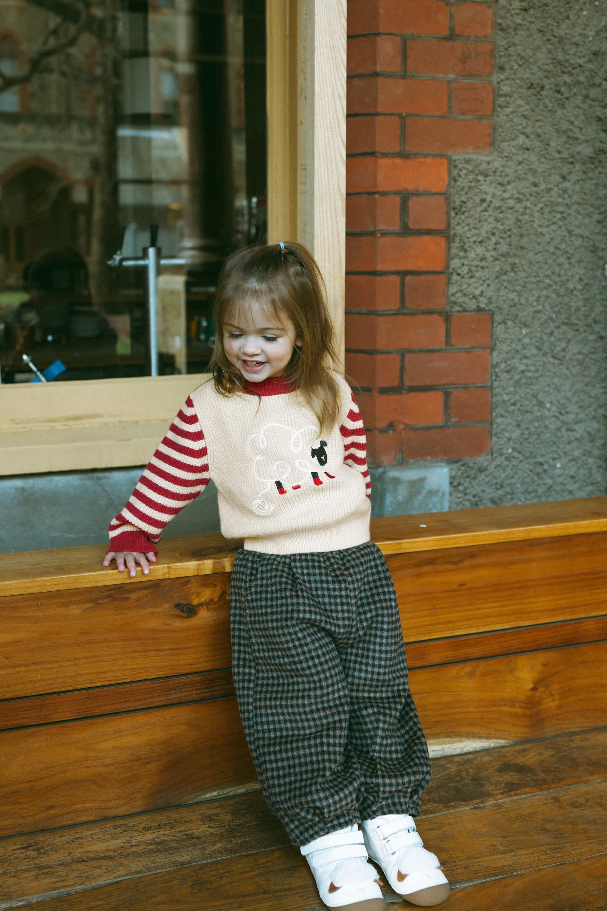 Sheep-Embroidered Stripe Sweater Holiday Red - Model