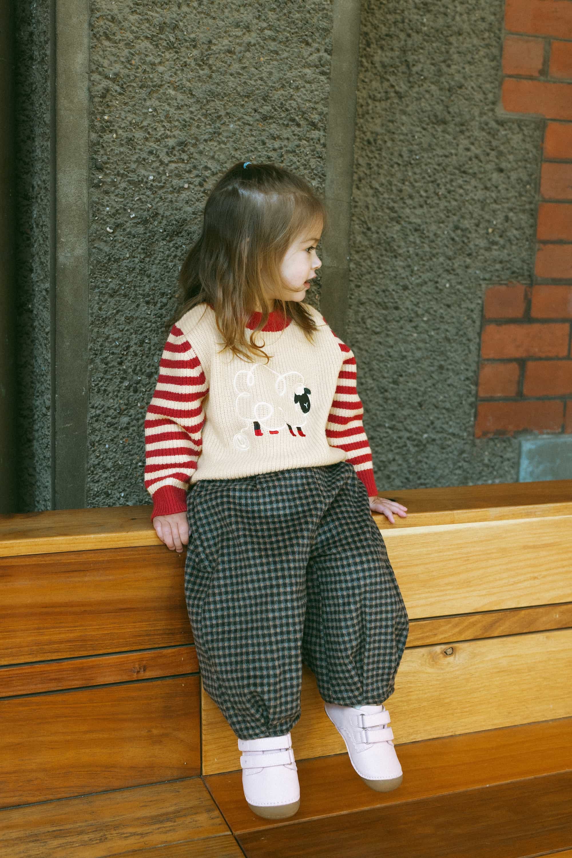 Sheep-Embroidered Stripe Sweater Holiday Red - Model