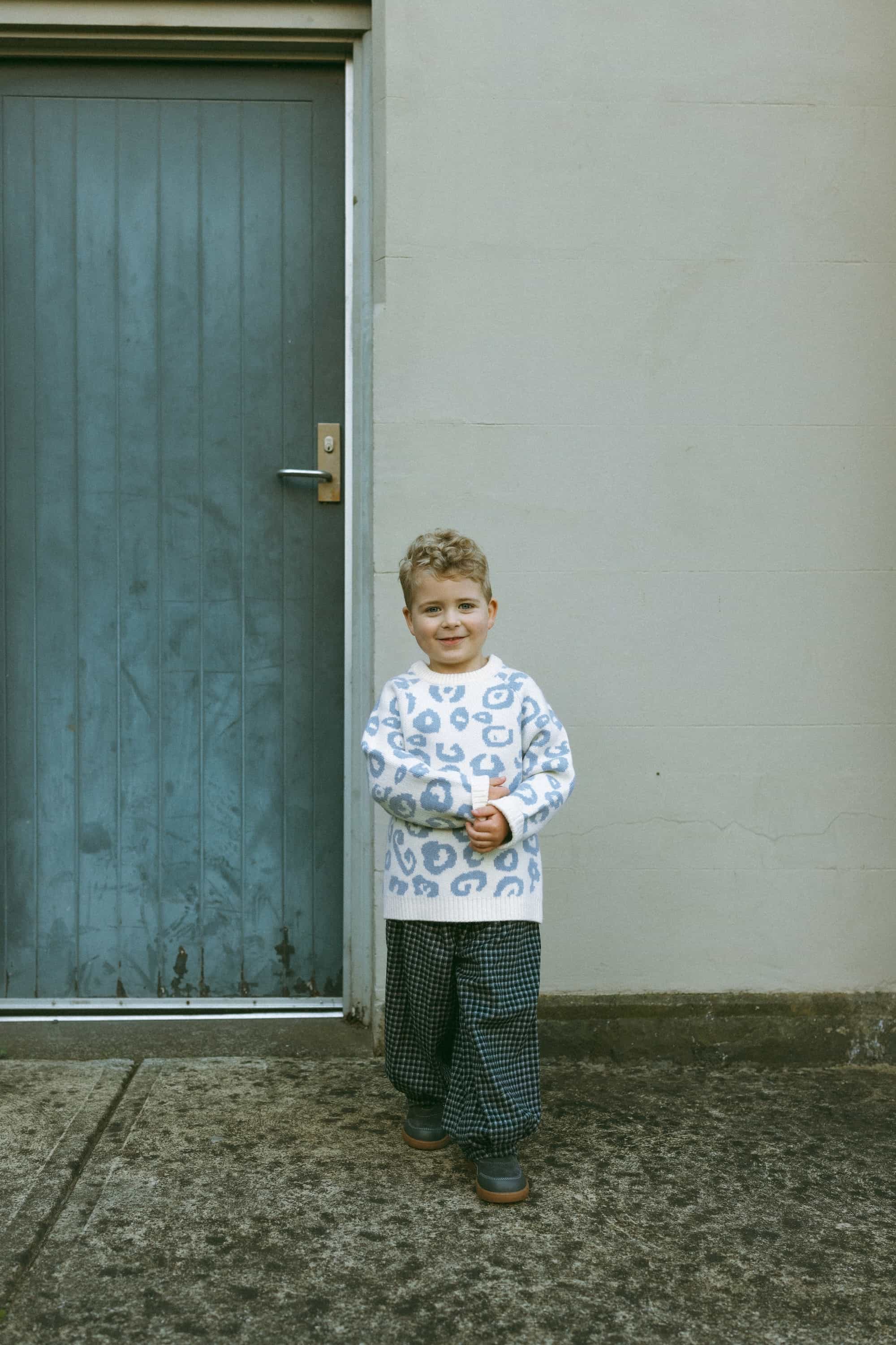 Leopard Print Wool Sweater Sky Blue - Model