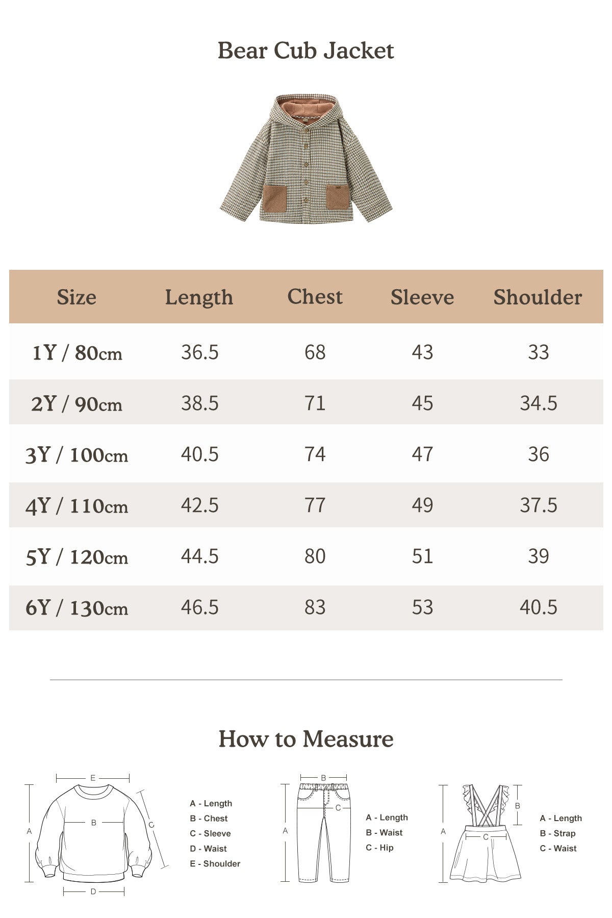 Bear Cub Jacket Caramel - Size Chart