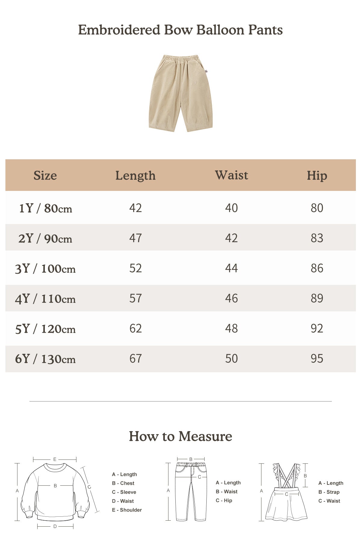 Embroidered Bow Balloon Pants Khaki - Size Chart