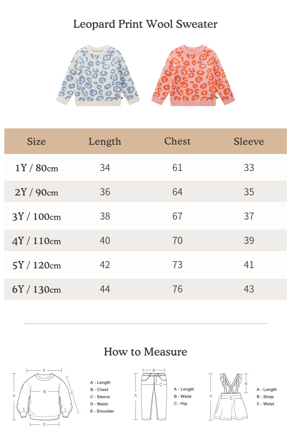 Leopard Print Wool Sweater Sky Blue - Size Chart